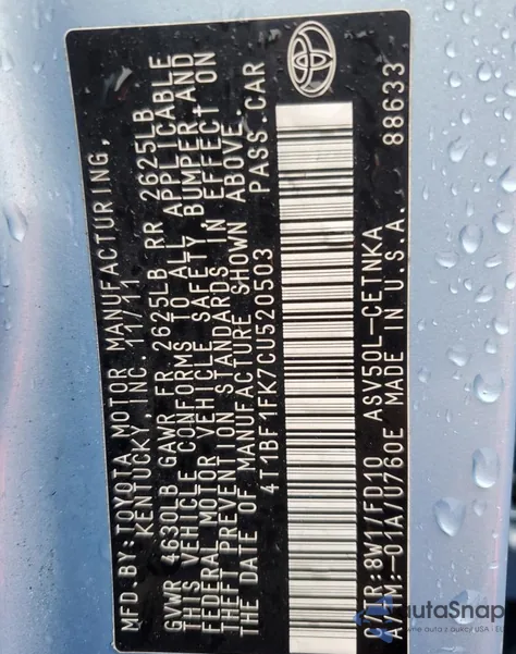 2012 Toyota Camry Base from USA, damaged, VIN 4T1BF1FK7CU520503